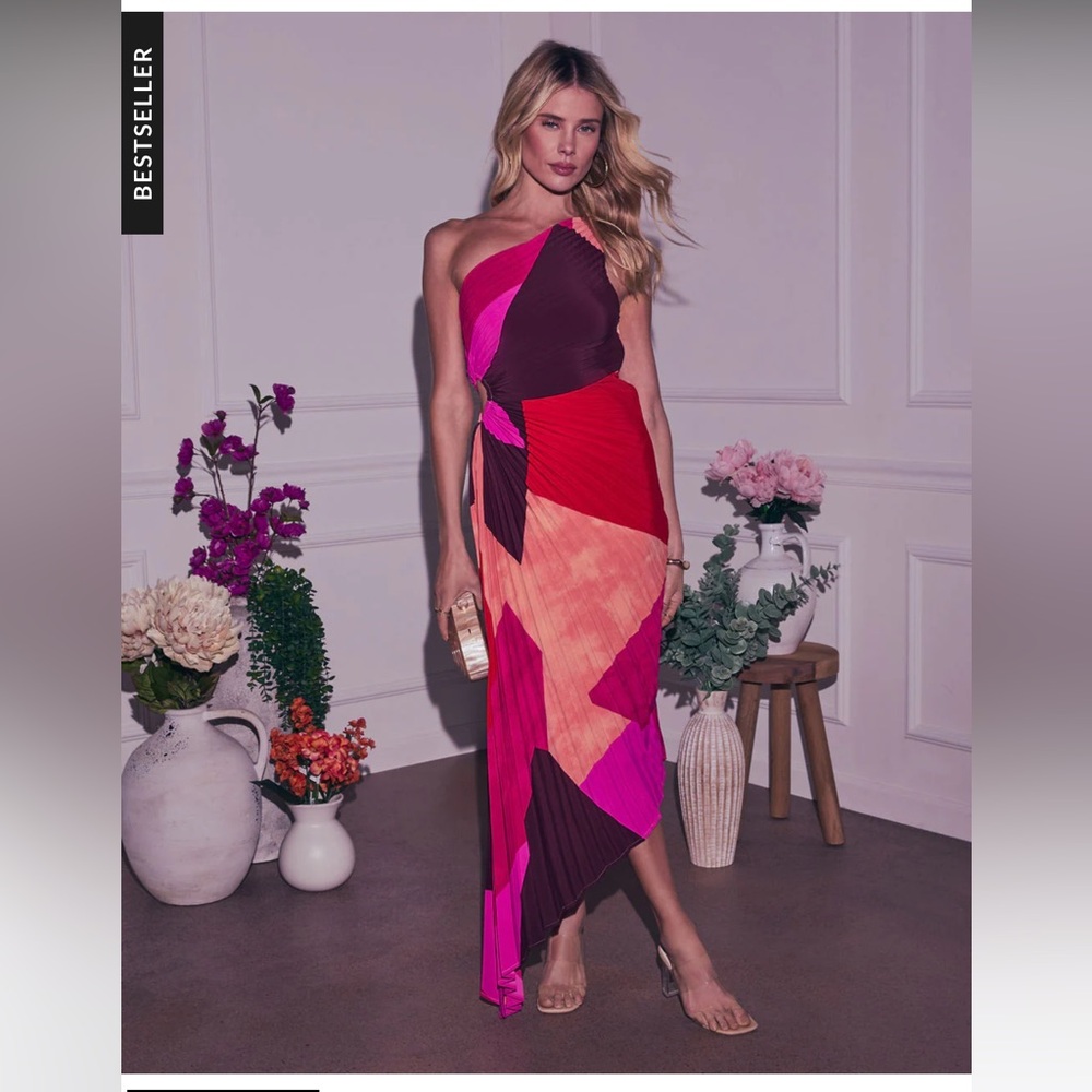 Vici Modern Day Glam Printed One Shoulder Maxi Dress- Pink, Red, Purple